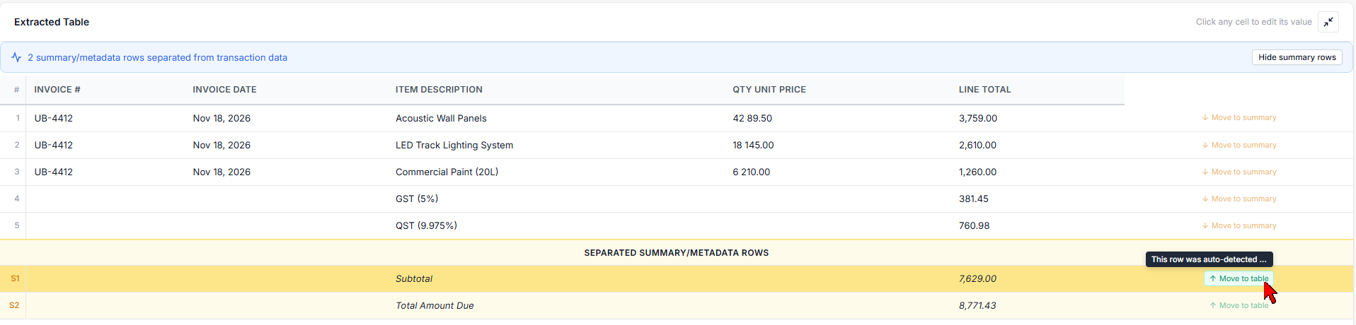 PDFTable row classification with include/exclude controls on each row